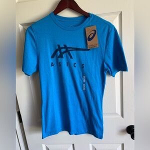 Asics NWT Bright Blue Short Sleeve Logo Tee with Navy Print